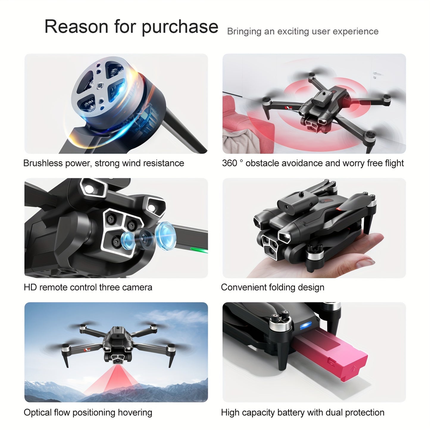 4K HD Three Camera Brushless Drone - Intelligent Obstacle Avoidance, Auto Return, One-Touch Take-Off/Landing, 360° Beauty Mode, 3 Rechargeable Batteries, Carrying Case, Wi-Fi Connectivity
