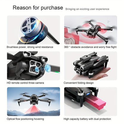 4K HD Three Camera Brushless Drone - Intelligent Obstacle Avoidance, Auto Return, One-Touch Take-Off/Landing, 360° Beauty Mode, 3 Rechargeable Batteries, Carrying Case, Wi-Fi Connectivity